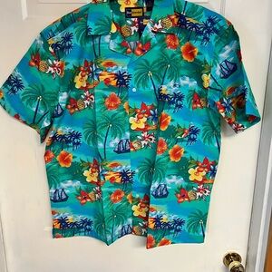 Blue and Green Casual Button Down Shirt with Tropical Print